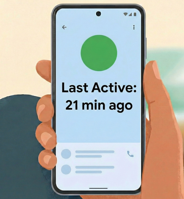 Phone showing green activity status indicator with last active time of 21 minutes ago